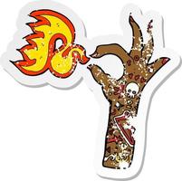 pegatina retro angustiada de un símbolo de fuego de brazo de tatuaje de dibujos animados vector