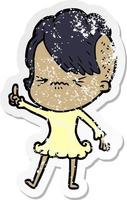 distressed sticker of a cartoon annoyed hipster girl vector