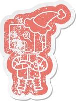 cartoon distressed sticker of a robot wearing santa hat vector