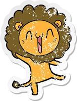 distressed sticker of a happy cartoon lion vector