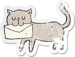 retro distressed sticker of a cartoon cat carrying letter vector