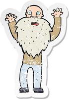 retro distressed sticker of a cartoon frightened old man with beard vector