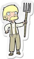 sticker of a cartoon farmer with pitchfork vector