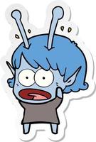 sticker of a cartoon shocked alien girl vector