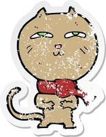retro distressed sticker of a cartoon funny cat wearing scarf vector
