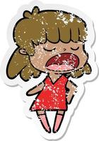 distressed sticker of a cartoon woman talking loudly vector