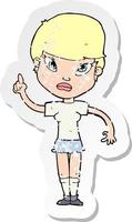 retro distressed sticker of a cartoon woman with idea vector