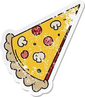 distressed sticker of a quirky hand drawn cartoon slice of pizza vector