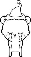crying line drawing of a bear wearing santa hat vector