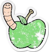 retro distressed sticker of a cartoon apple with worm vector