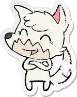 distressed sticker of a happy cartoon fox vector