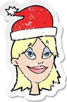 pegatina retro angustiada de una mujer de dibujos animados lista para Navidad vector