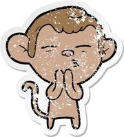 distressed sticker of a cartoon suspicious monkey vector