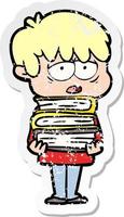 distressed sticker of a cartoon exhausted boy holding book vector