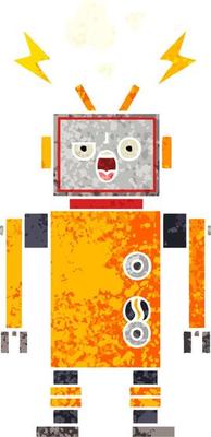 retro illustration style cartoon broken robot