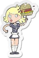 pegatina retro angustiada de una camarera de dibujos animados con hamburguesa vector