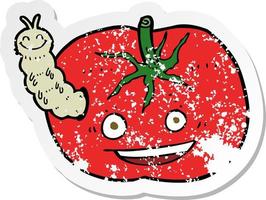 pegatina retro angustiada de un tomate de dibujos animados con bicho vector