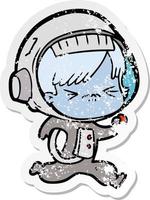 distressed sticker of a angry cartoon space girl running vector