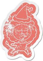 cartoon distressed sticker of a bored lion wearing santa hat vector