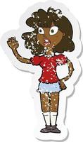 retro distressed sticker of a cartoon worried woman waving vector