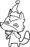 line drawing of a hungry wolf wearing santa hat vector