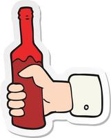 sticker of a cartoon hand holding bottle of wine vector