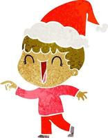 laughing retro cartoon of a man pointing wearing santa hat vector