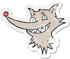 retro distressed sticker of a cartoon grinning wolf face vector