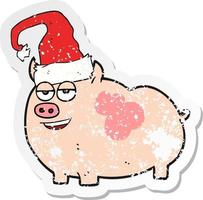 retro distressed sticker of a cartoon christmas pig vector