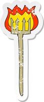 retro distressed sticker of a cartoon flaming devil fork vector