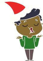 flat color illustration of a man talking and shrugging shoulders wearing santa hat vector