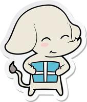 sticker of a cute cartoon elephant with gift vector