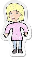 retro distressed sticker of a cartoon cautious woman vector