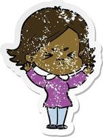 distressed sticker of a cartoon angry woman vector