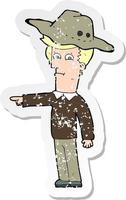 retro distressed sticker of a cartoon pointing man wearing hat vector