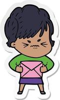 sticker of a cartoon frustrated woman vector