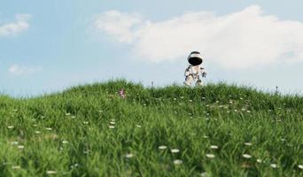 small bot walking in grass field, friendly technology and environment concept photo