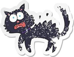 retro distressed sticker of a cartoon scared black cat vector