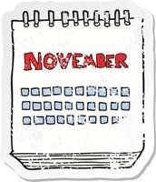 pegatina retro angustiada de un calendario de dibujos animados que muestra el mes de noviembre vector