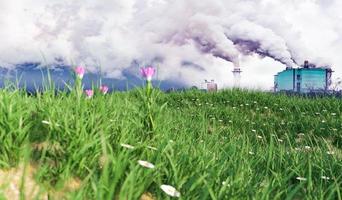 comparing air pollution and factory with green grass field with flower, environment safe and earth protection concept photo