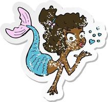 retro distressed sticker of a cartoon pretty mermaid vector