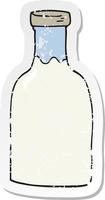 pegatina retro angustiada de una botella de leche de dibujos animados vector