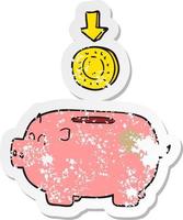 retro distressed sticker of a cartoon piggy bank vector