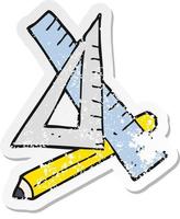 retro distressed sticker of a cartoon pencil and ruler vector