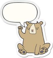 cartoon bear waving and speech bubble sticker vector