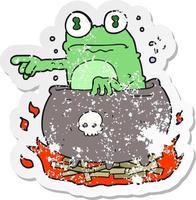 retro distressed sticker of a cartoon halloween toad in cauldron vector