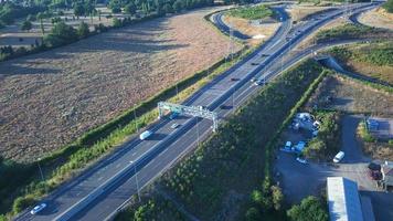 High Angle View of Luton Airport Junction Interchange of Motorways M1 J10 at Luton City of England UK. it is Connection Luton City and London Luton Airport Image Created on 11th August 2022 with Drone photo