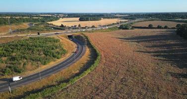 High Angle View of Luton Airport Junction Interchange of Motorways M1 J10 at Luton City of England UK. it is Connection Luton City and London Luton Airport Image Created on 11th August 2022 with Drone photo