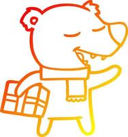 warm gradient line drawing cartoon bear with present vector