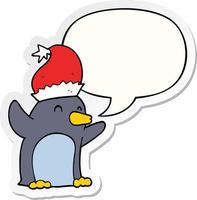 linda caricatura de pingüino de navidad y pegatina de burbuja de habla vector